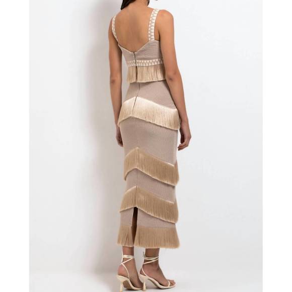 NEW PATBO metallic knit maxi skirt with fringe trim in clay - Picture 2 of 4